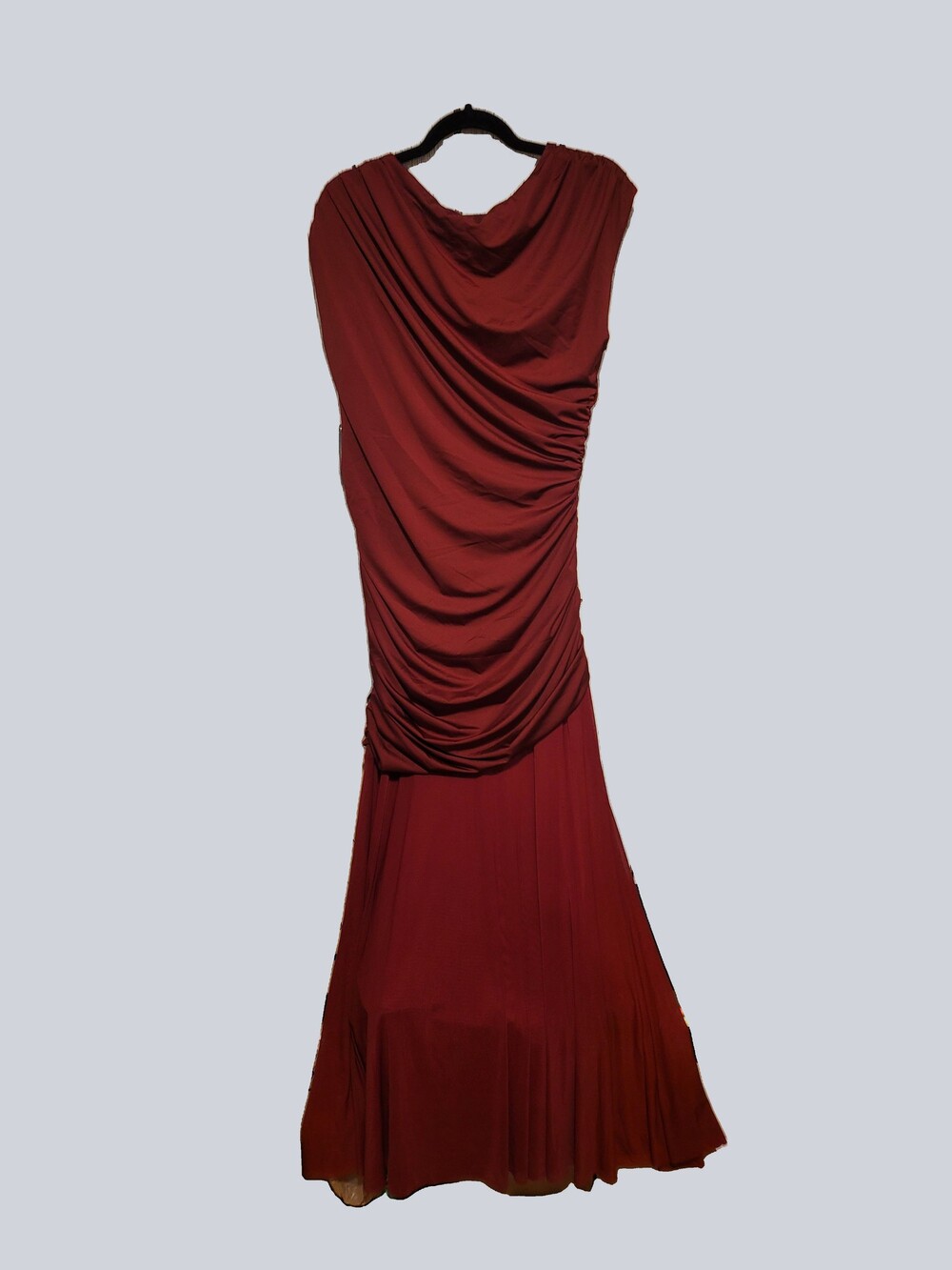 Red Ruched Evening Dress Asymmetrical Neckline and torso Long Gown, Size L/XL
